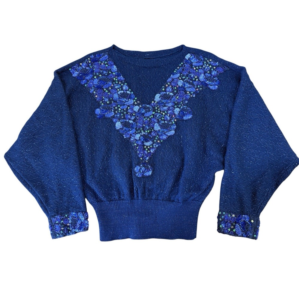 Vtg 80s Blue Sequin Emblished Sweater BatWing Lurex Lace Knit M/L Glam‎ Holiday